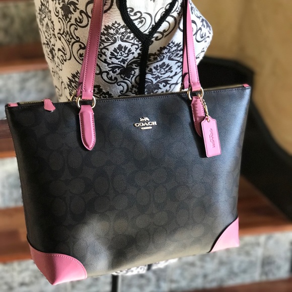 Coach signature coated brown pvc pink leather tote - Picture 2 of 8